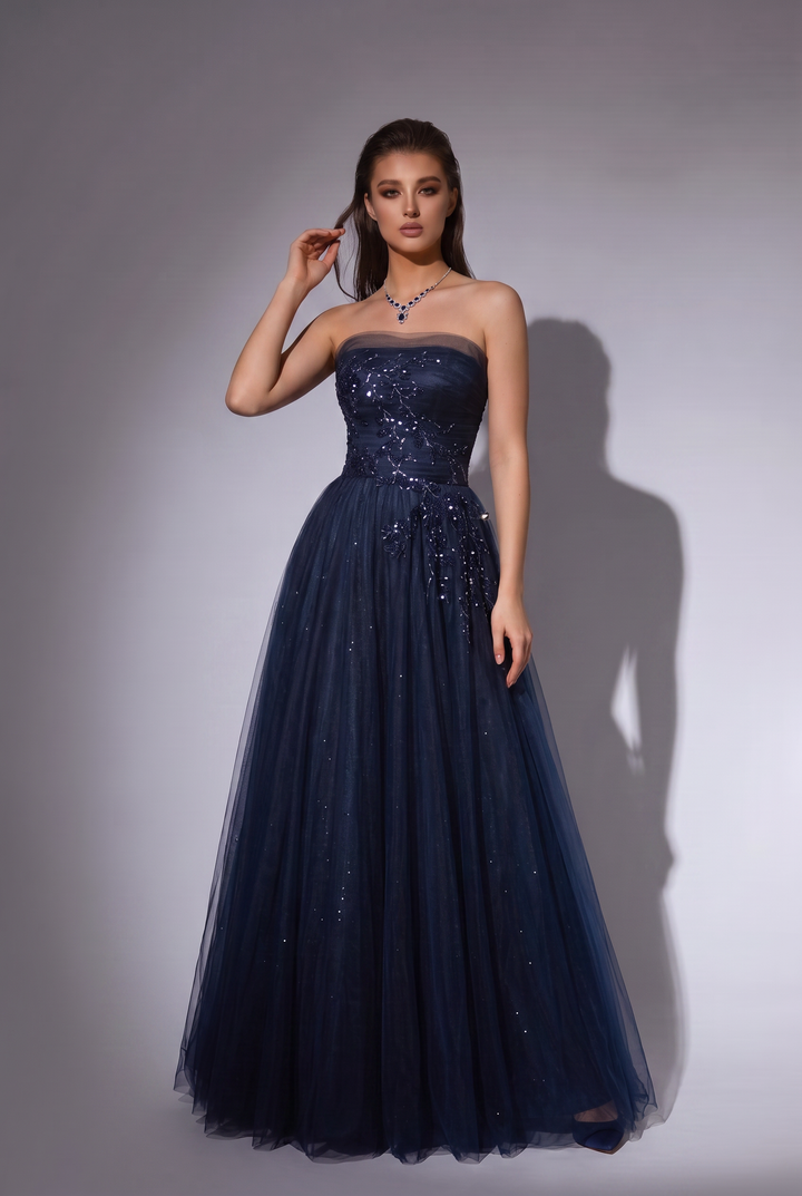 Navy Blue Sparkly Tulle Evening Gown with Corset Back - Strapless Embellished Dress with Sheer Tulle Overlay - A-Line Formal Gown Plus Size