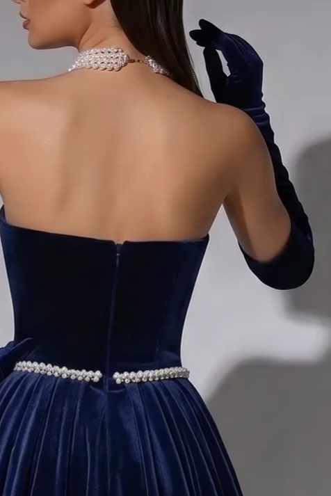 Navy Blue Velvet Mermaid Evening Gown with Strapless Neckline, Pearl Embellishments and Detachable Overskirt – Formal Dress Plus Size
