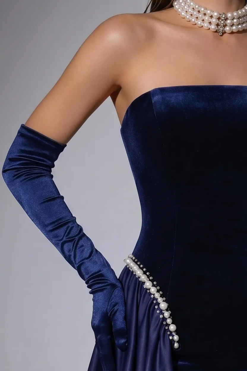 Navy Blue Velvet Mermaid Evening Gown with Strapless Neckline, Pearl Embellishments and Detachable Overskirt – Formal Dress Plus Size