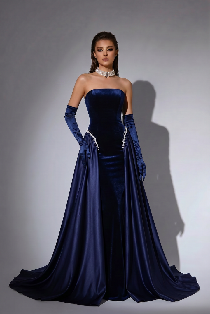 Navy Blue Velvet Mermaid Evening Gown with Strapless Neckline, Pearl Embellishments and Detachable Overskirt – Formal Dress Plus Size