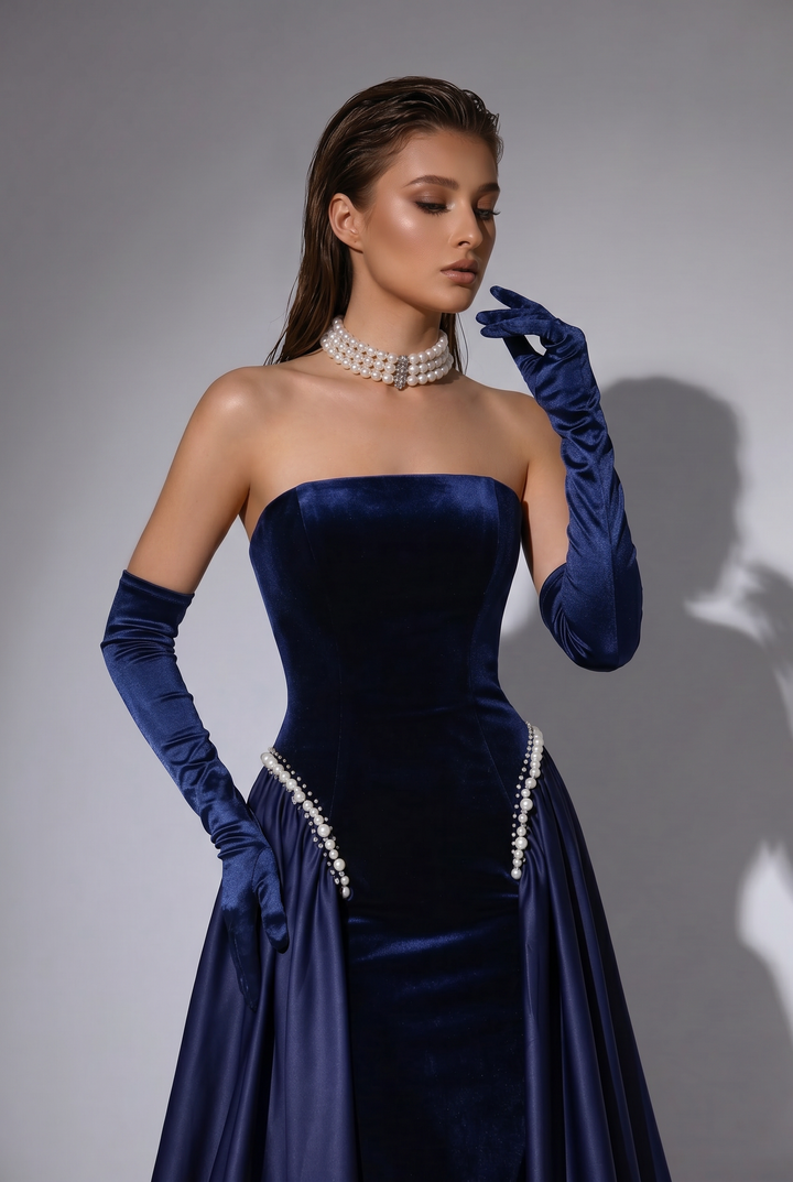 Navy Blue Velvet Mermaid Evening Gown with Strapless Neckline, Pearl Embellishments and Detachable Overskirt – Formal Dress Plus Size