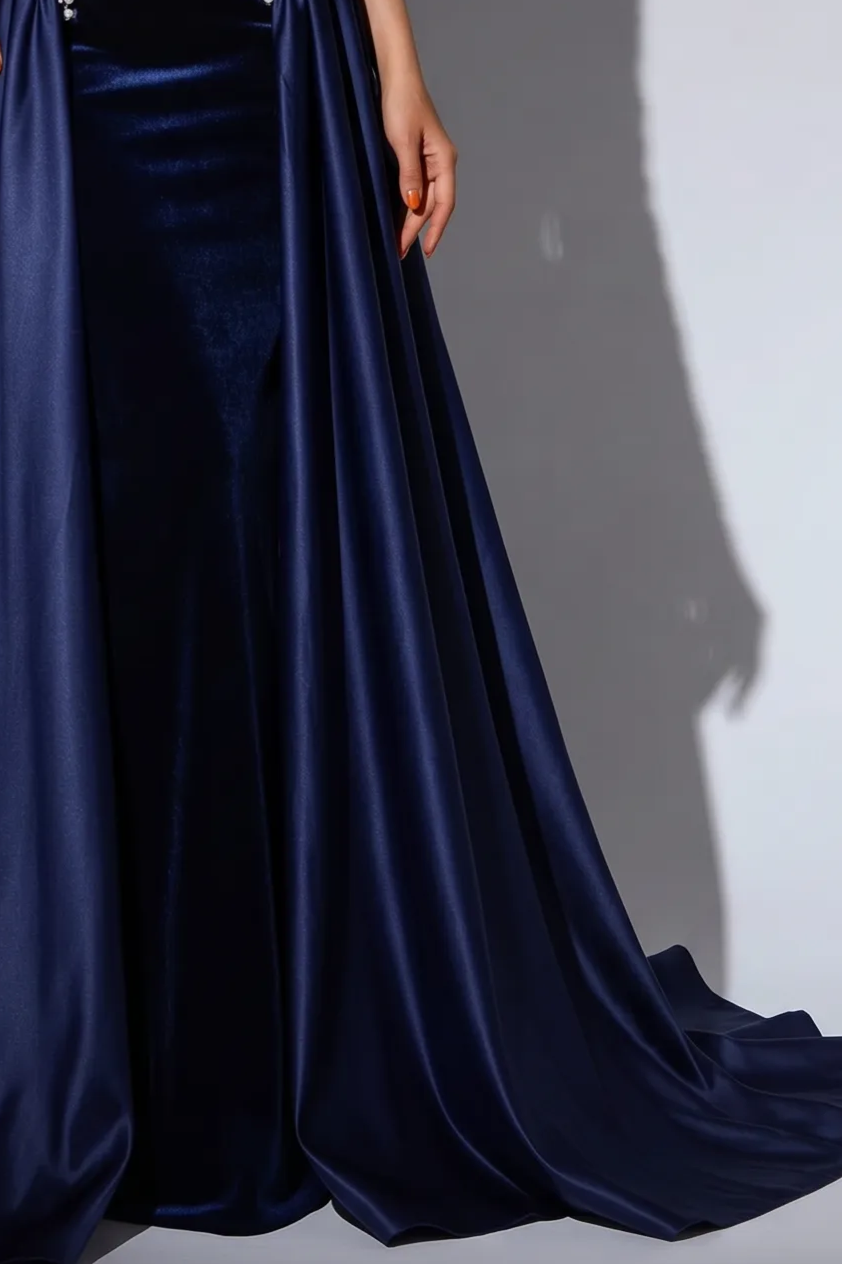 Navy Blue Velvet Mermaid Evening Gown with Strapless Neckline, Pearl Embellishments and Detachable Overskirt – Formal Dress Plus Size