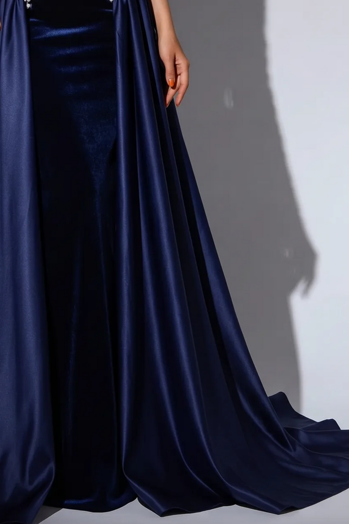 Navy Blue Velvet Mermaid Evening Gown with Strapless Neckline, Pearl Embellishments and Detachable Overskirt – Formal Dress Plus Size