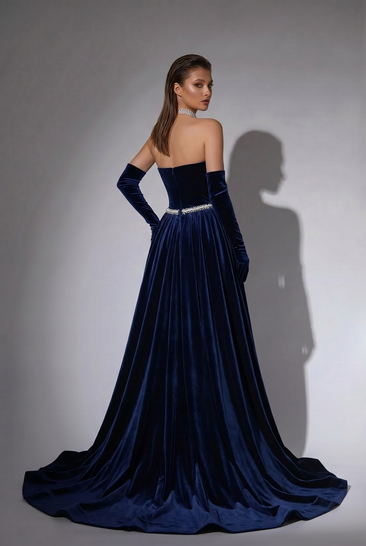 Navy Blue Velvet Mermaid Evening Gown with Strapless Neckline, Pearl Embellishments and Detachable Overskirt – Formal Dress Plus Size