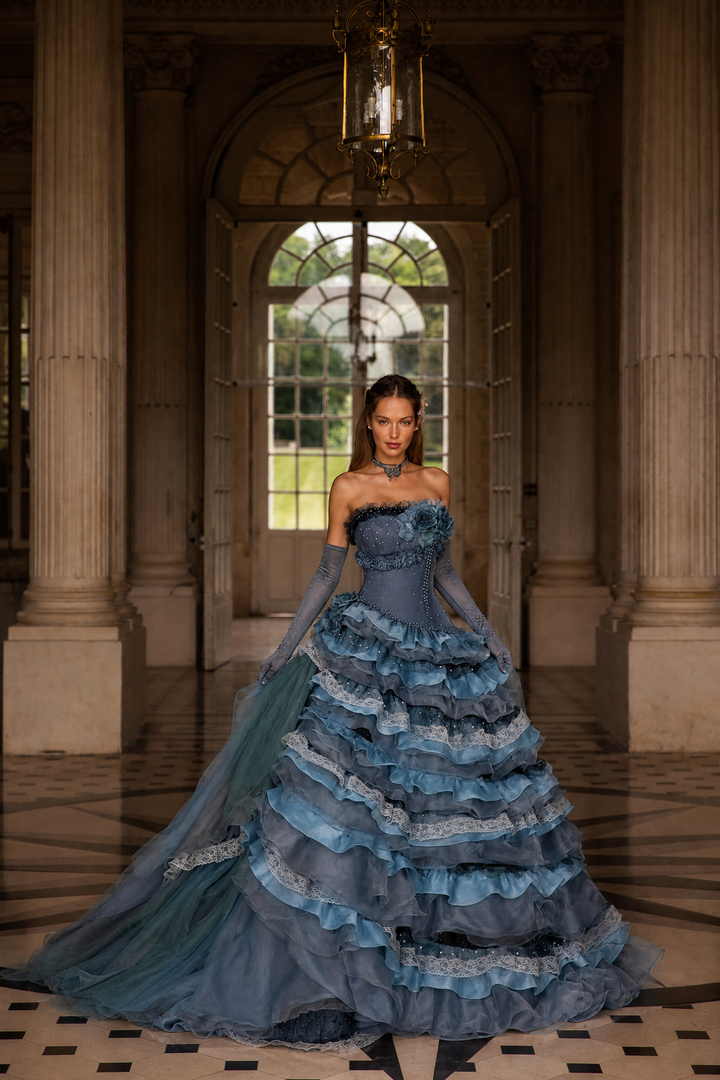 Navy Layered Tulle Ruffle Dress with Corset Bodice – Strapless Evening Dress with Floral Appliqué and Lace Details Plus Size