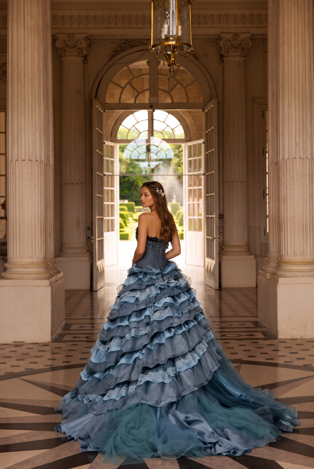 Navy Layered Tulle Ruffle Dress with Corset Bodice – Strapless Evening Dress with Floral Appliqué and Lace Details Plus Size