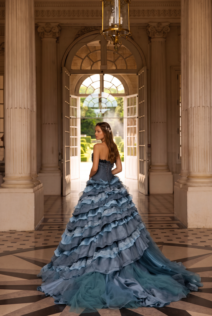 Navy Layered Tulle Ruffle Dress with Corset Bodice – Strapless Evening Dress with Floral Appliqué and Lace Details Plus Size