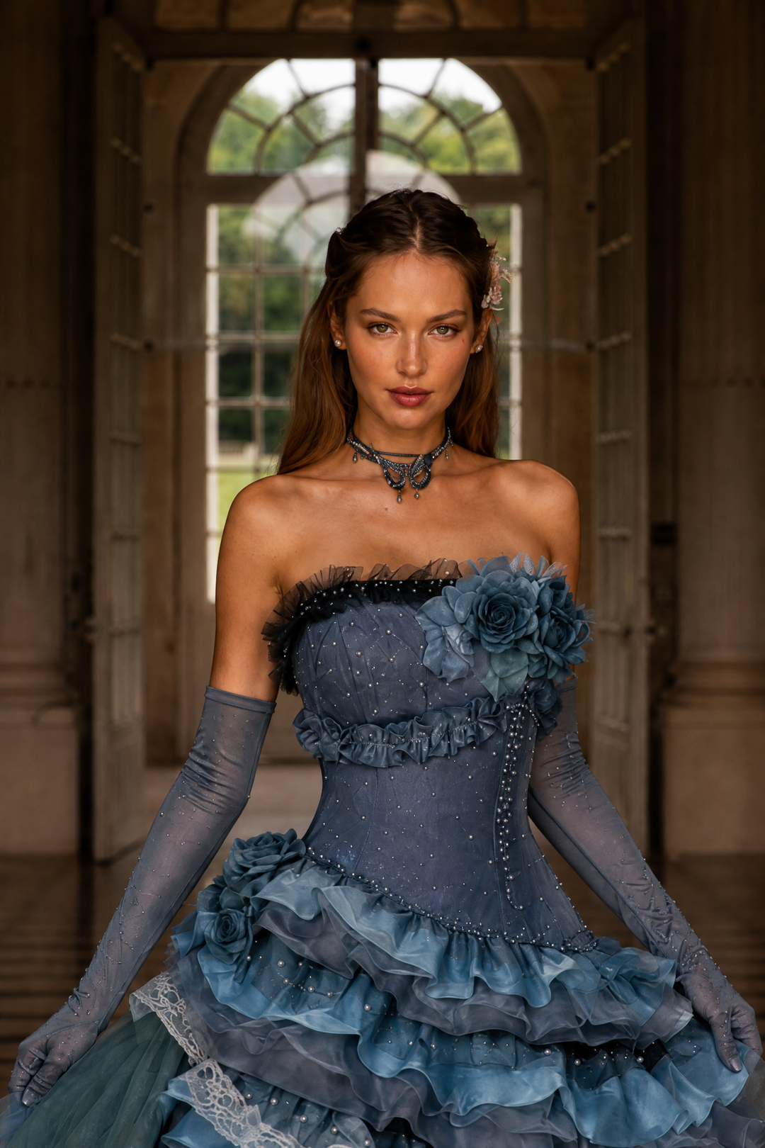 Navy Layered Tulle Ruffle Dress with Corset Bodice – Strapless Evening Dress with Floral Appliqué and Lace Details Plus Size