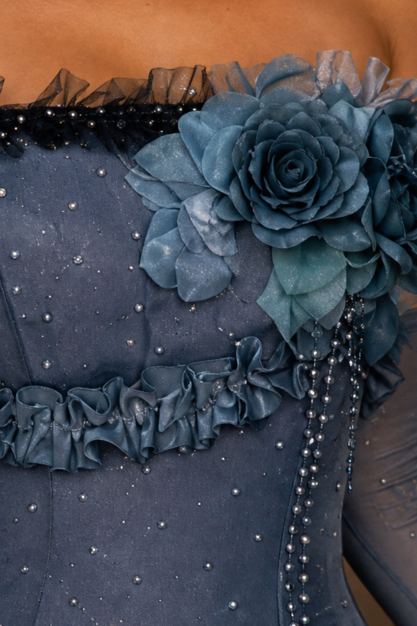 Navy Layered Tulle Ruffle Dress with Corset Bodice – Strapless Evening Dress with Floral Appliqué and Lace Details Plus Size