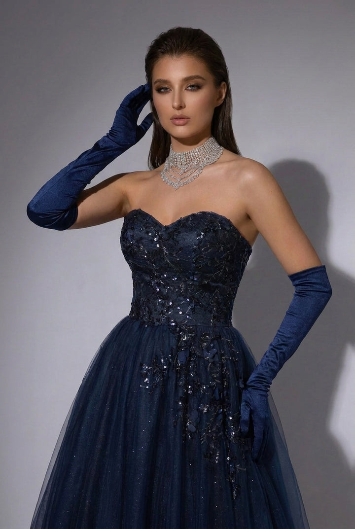 Navy Blue Gauze Sequins Ball Gown - Formal Dress Plus Size