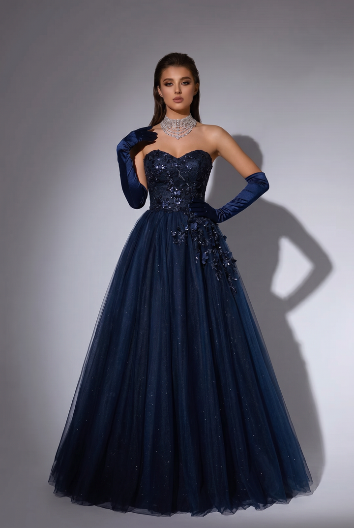 Navy Blue Gauze Sequins Ball Gown - Formal Dress Plus Size