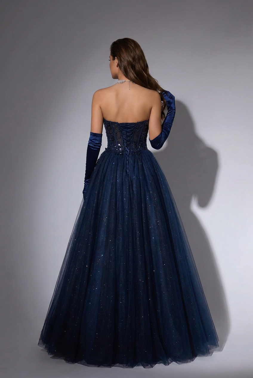 Navy Blue Gauze Sequins Ball Gown - Formal Dress Plus Size