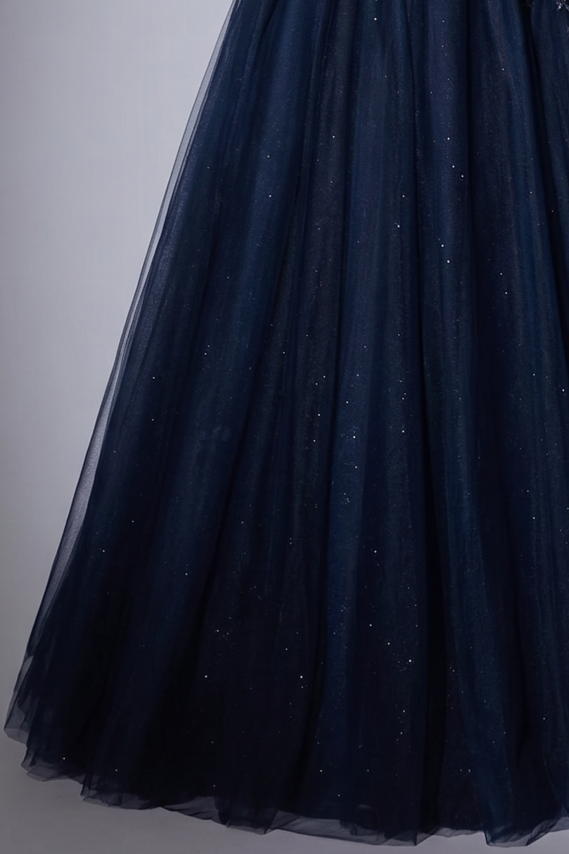 Navy Blue Gauze Sequins Ball Gown - Formal Dress Plus Size