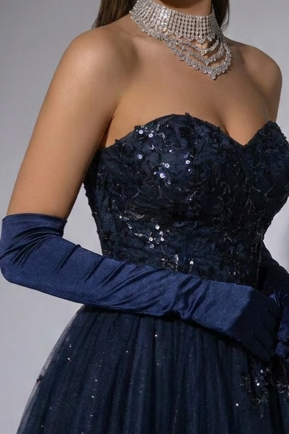 Navy Blue Gauze Sequins Ball Gown - Formal Dress Plus Size