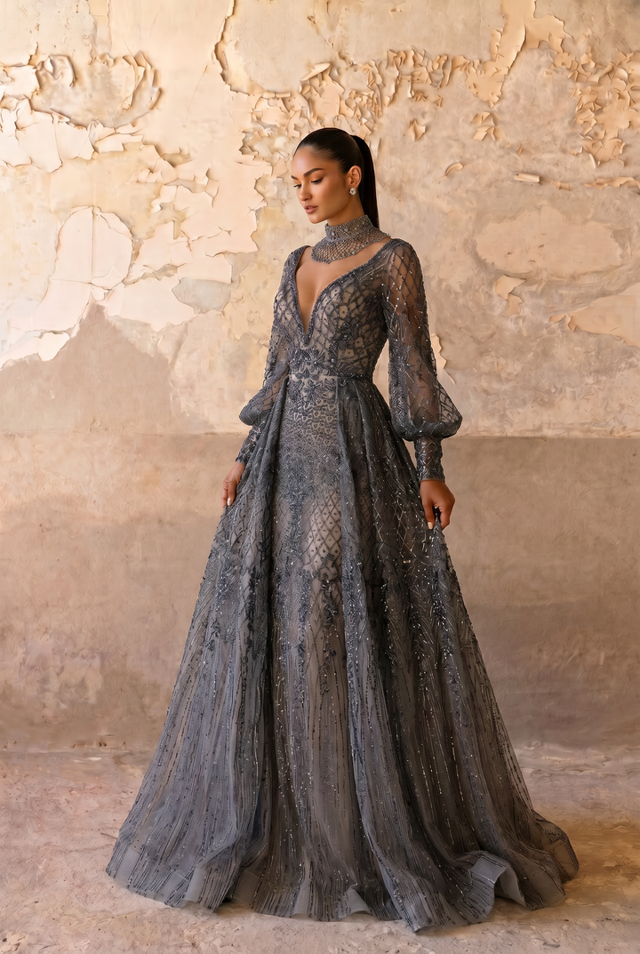Navy Blue Lace Evening Dress - Elegant Long Sleeve Gown with Sequin Details Plus Size