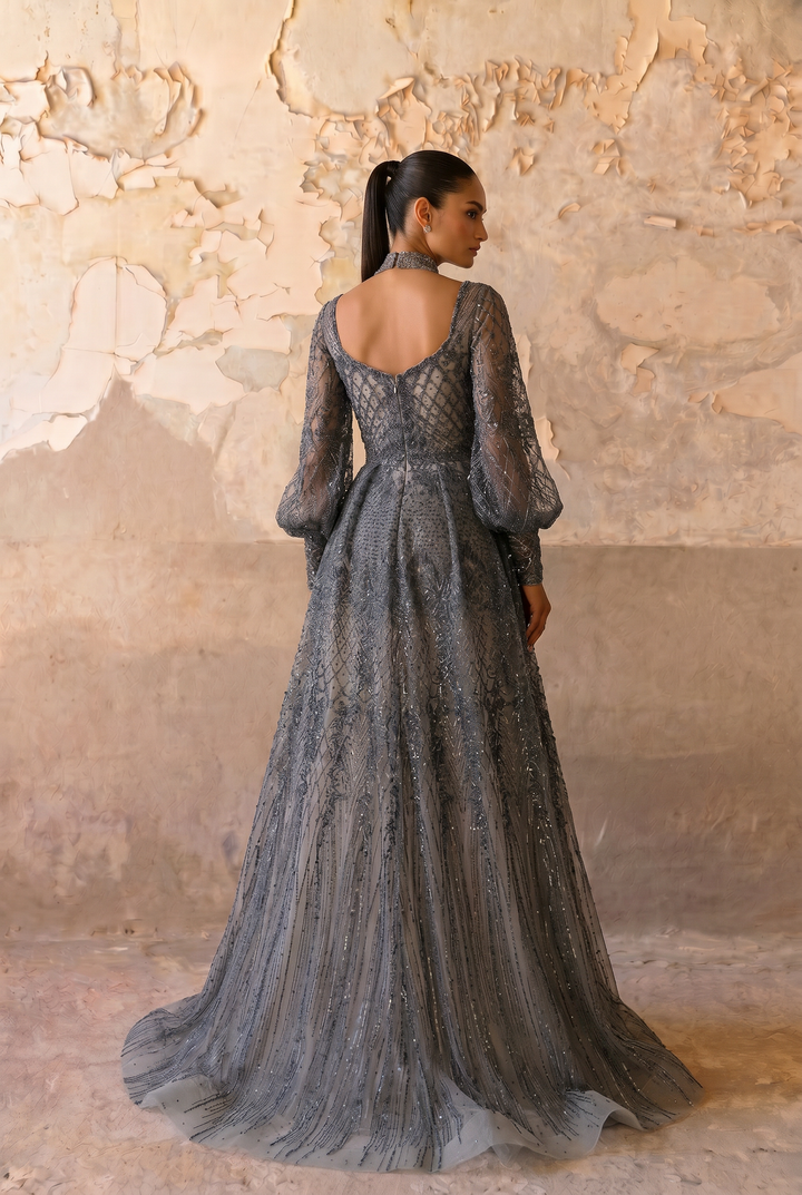 Navy Blue Lace Evening Dress - Elegant Long Sleeve Gown with Sequin Details Plus Size