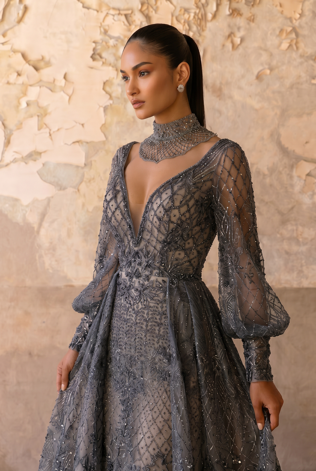 Navy Blue Lace Evening Dress - Elegant Long Sleeve Gown with Sequin Details Plus Size