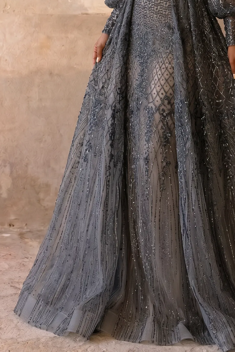 Navy Blue Lace Evening Dress - Elegant Long Sleeve Gown with Sequin Details Plus Size