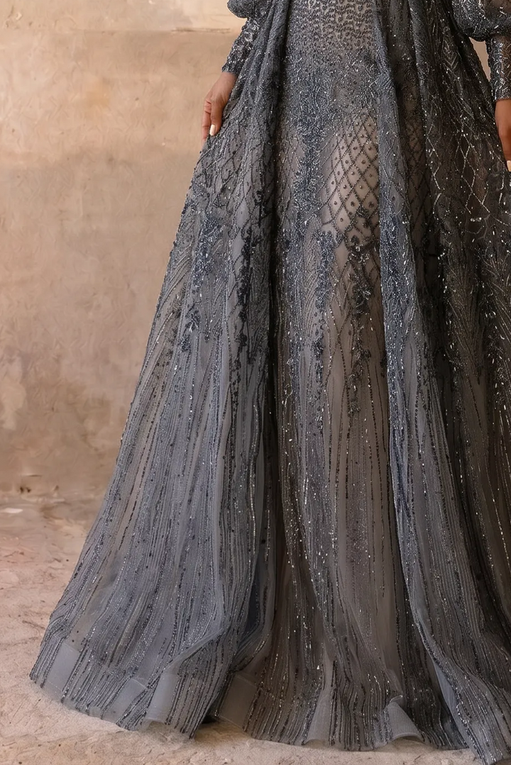 Navy Blue Lace Evening Dress - Elegant Long Sleeve Gown with Sequin Details Plus Size