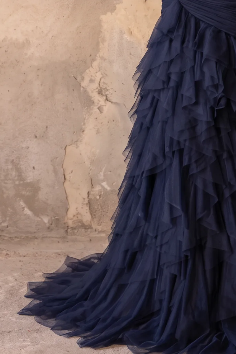 Navy Blue Mermaid Ball Gown With Ruffles - Formal Dress Plus Size