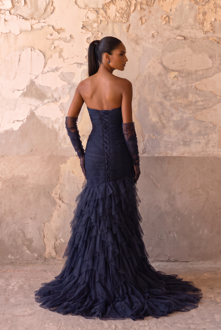 Navy Blue Mermaid Ball Gown With Ruffles - Formal Dress Plus Size