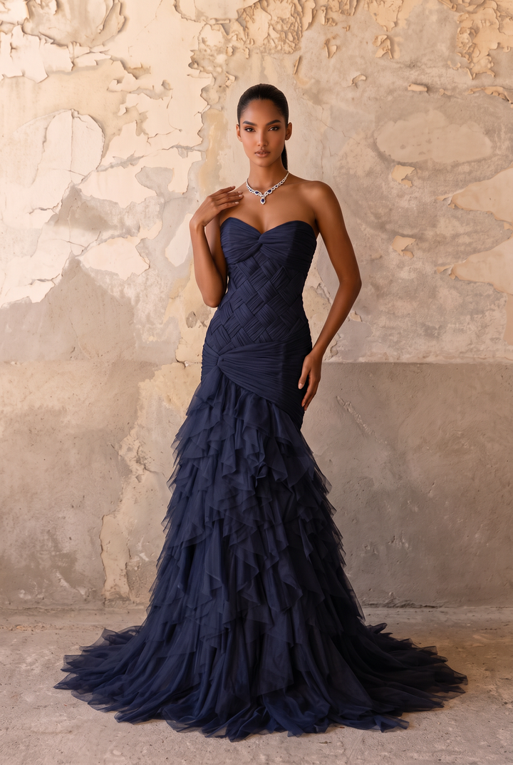 Navy Blue Mermaid Ball Gown With Ruffles - Formal Dress Plus Size