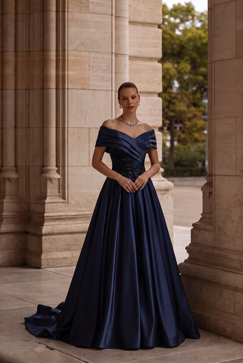 Navy Blue Off-the-Shoulder Satin Ball Gown with Draped Bodice and Floral Appliqué – Luxury Formal Evening Dress Plus Size