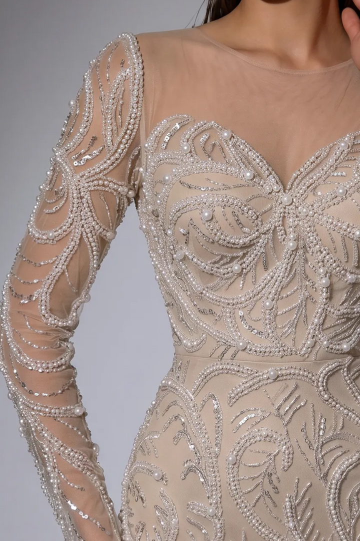 Nude Beige Mermaid Evening Gown with Illusion Neckline, Long Sleeves and Hand-Beaded Embroidery – Formal Dress Plus Size