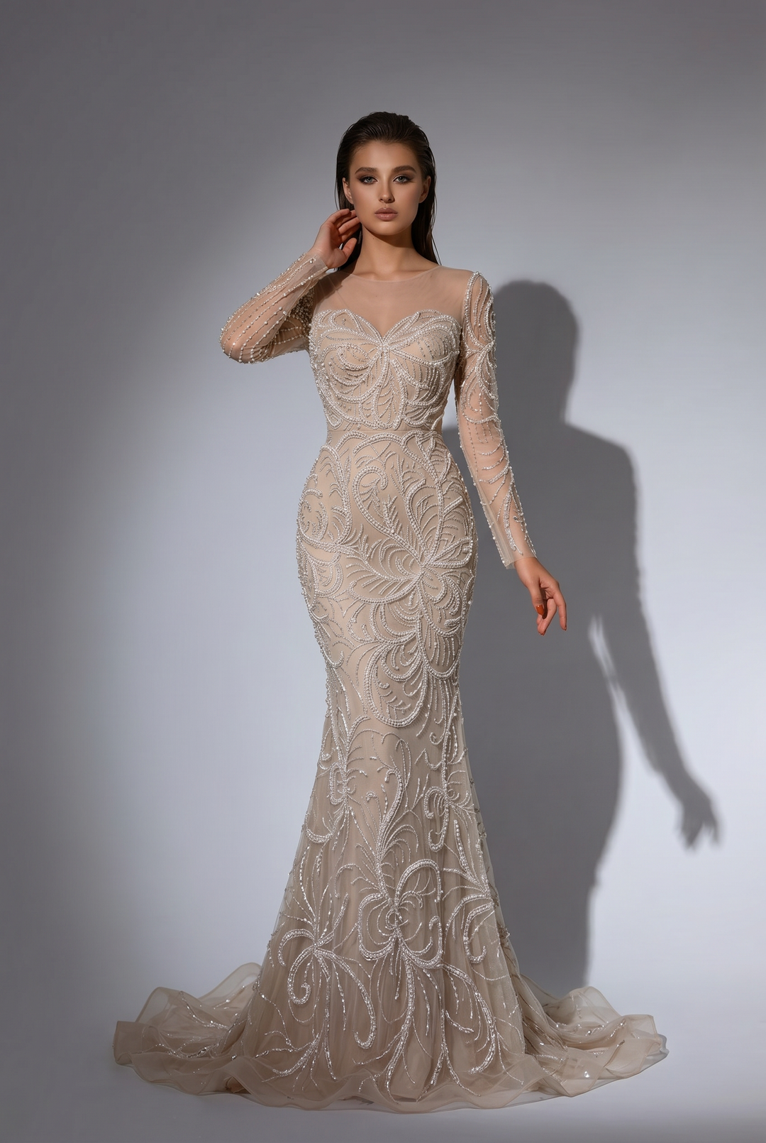 Nude Beige Mermaid Evening Gown with Illusion Neckline, Long Sleeves and Hand-Beaded Embroidery – Formal Dress Plus Size