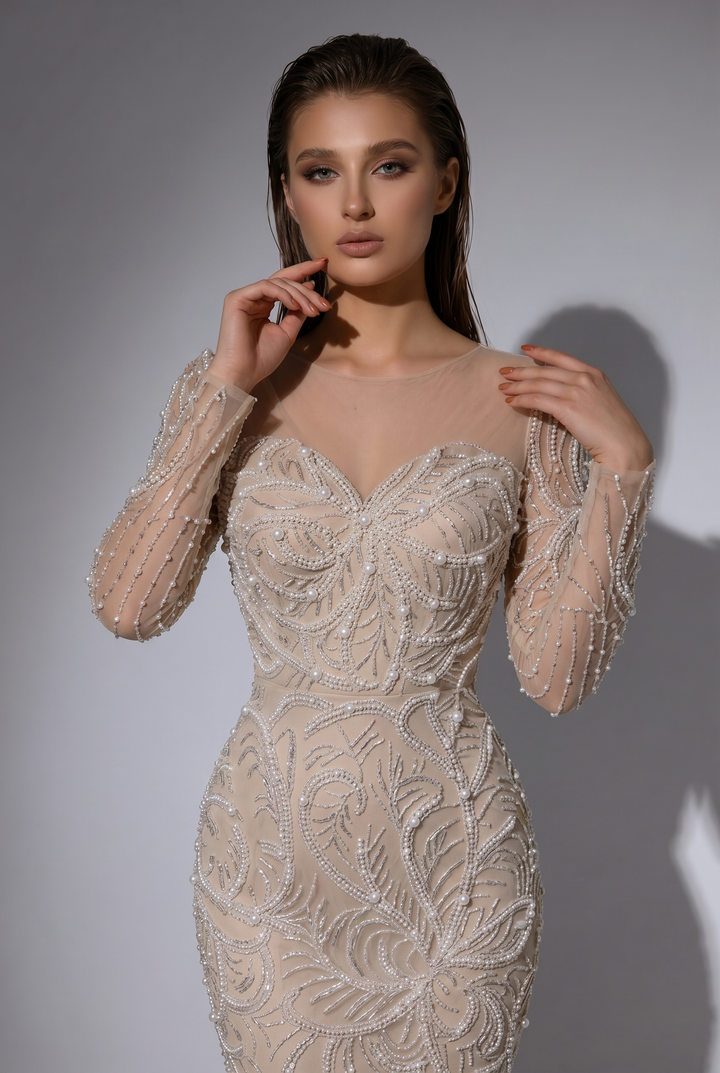 Nude Beige Mermaid Evening Gown with Illusion Neckline, Long Sleeves and Hand-Beaded Embroidery – Formal Dress Plus Size