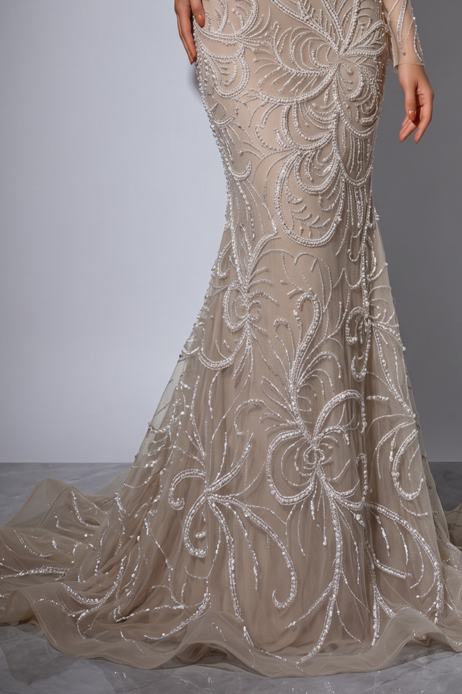 Nude Beige Mermaid Evening Gown with Illusion Neckline, Long Sleeves and Hand-Beaded Embroidery – Formal Dress Plus Size