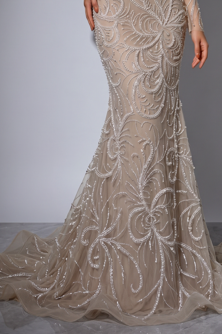 Nude Beige Mermaid Evening Gown with Illusion Neckline, Long Sleeves and Hand-Beaded Embroidery – Formal Dress Plus Size