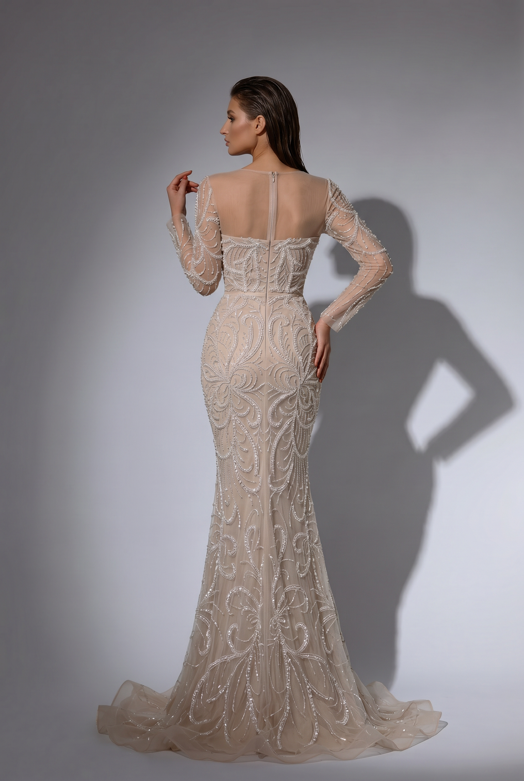 Nude Beige Mermaid Evening Gown with Illusion Neckline, Long Sleeves and Hand-Beaded Embroidery – Formal Dress Plus Size