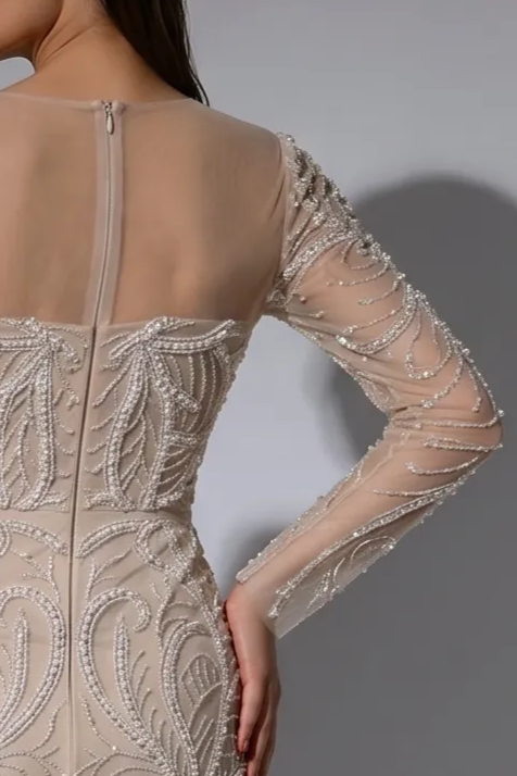 Nude Beige Mermaid Evening Gown with Illusion Neckline, Long Sleeves and Hand-Beaded Embroidery – Formal Dress Plus Size