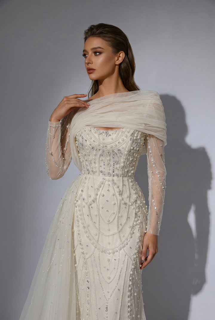 Elegantes Champagner-Abendkleid mit Pailletten und Tüll - Champagner-Kleid für Hochzeitsgäste - Hübsches Paillettenkleid mit langen Ärmeln in Übergröße