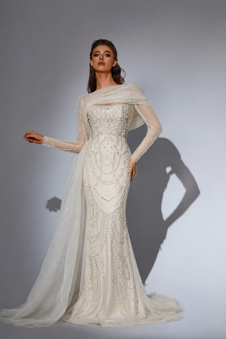Elegantes Champagner-Abendkleid mit Pailletten und Tüll - Champagner-Kleid für Hochzeitsgäste - Hübsches Paillettenkleid mit langen Ärmeln in Übergröße