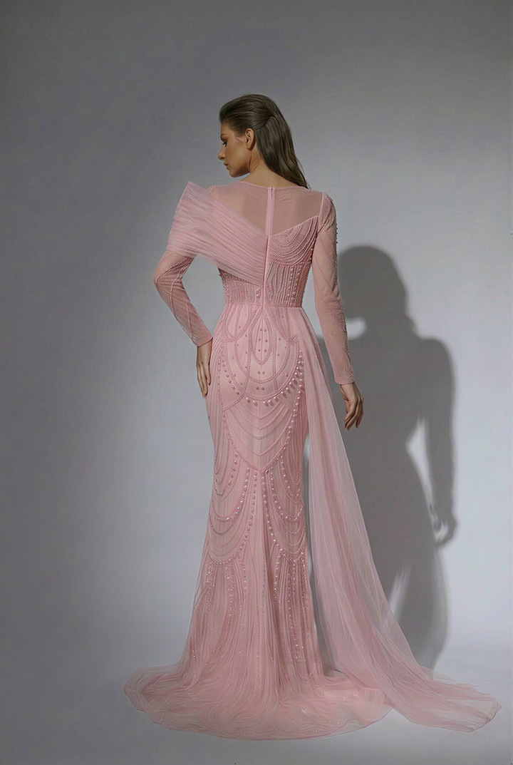Elegantes Champagner-Abendkleid mit Pailletten und Tüll - Champagner-Kleid für Hochzeitsgäste - Hübsches Paillettenkleid mit langen Ärmeln in Übergröße