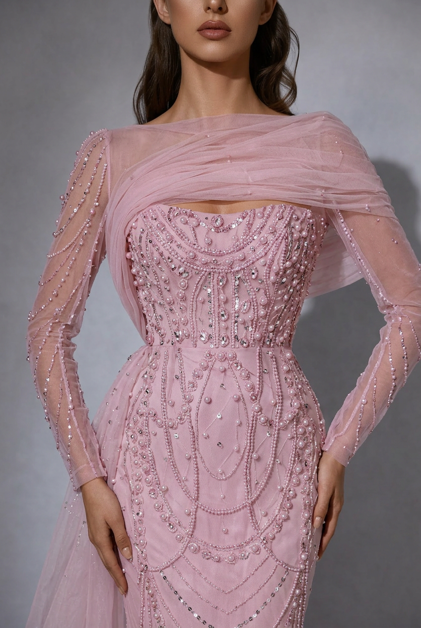 Elegantes Champagner-Abendkleid mit Pailletten und Tüll - Champagner-Kleid für Hochzeitsgäste - Hübsches Paillettenkleid mit langen Ärmeln in Übergröße