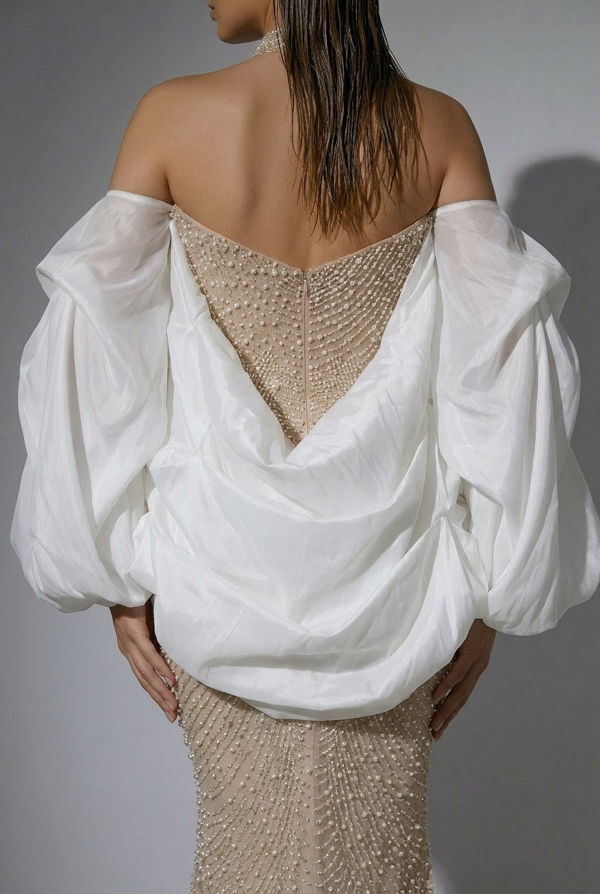 Nude Strapless Glitter Dress -  Beaded Evening Dress with White Satin Wrap – Embellished Gown Plus Size