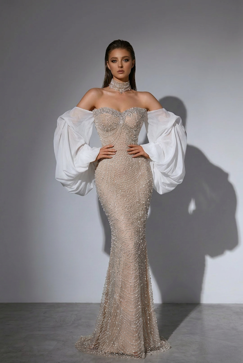 Nude Strapless Glitter Dress -  Beaded Evening Dress with White Satin Wrap – Embellished Gown Plus Size