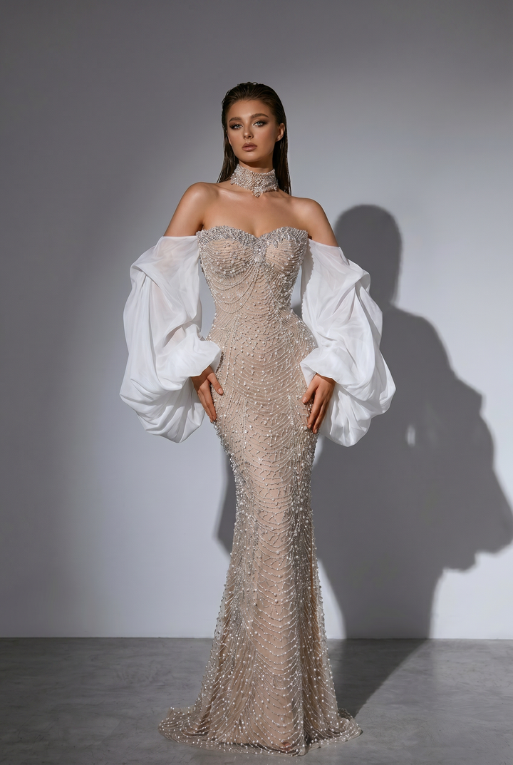 Nude Strapless Glitter Dress -  Beaded Evening Dress with White Satin Wrap – Embellished Gown Plus Size