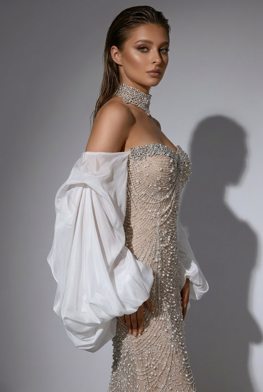 Nude Strapless Glitter Dress -  Beaded Evening Dress with White Satin Wrap – Embellished Gown Plus Size
