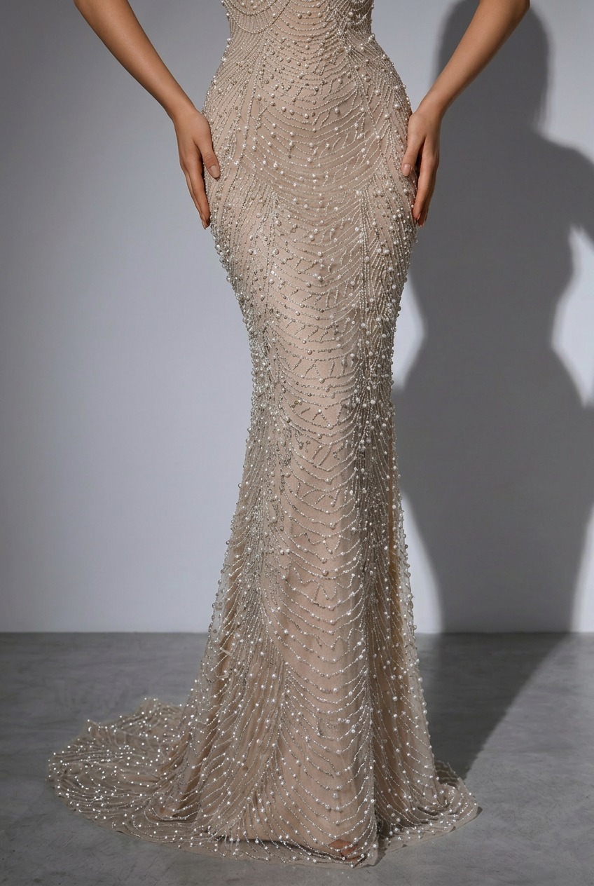 Nude Strapless Glitter Dress -  Beaded Evening Dress with White Satin Wrap – Embellished Gown Plus Size