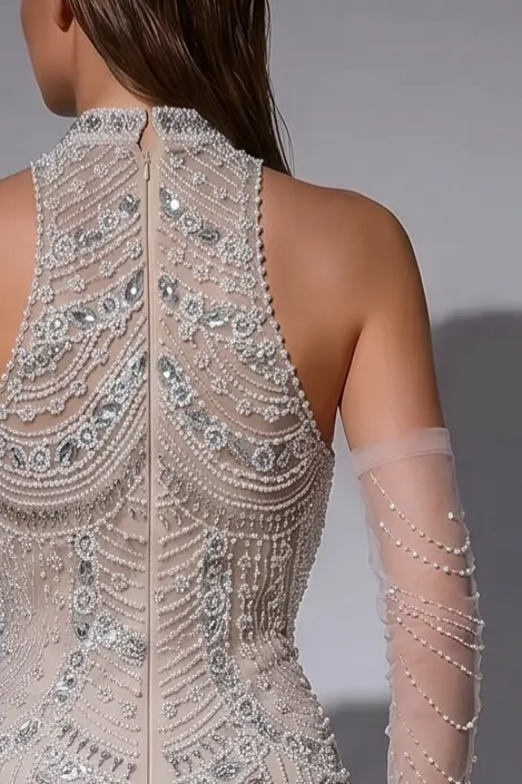 Nude Pretty Sequin Dress and Beaded Halter Dress - Elegant Sequin High Neck Evening Gown Plus Size