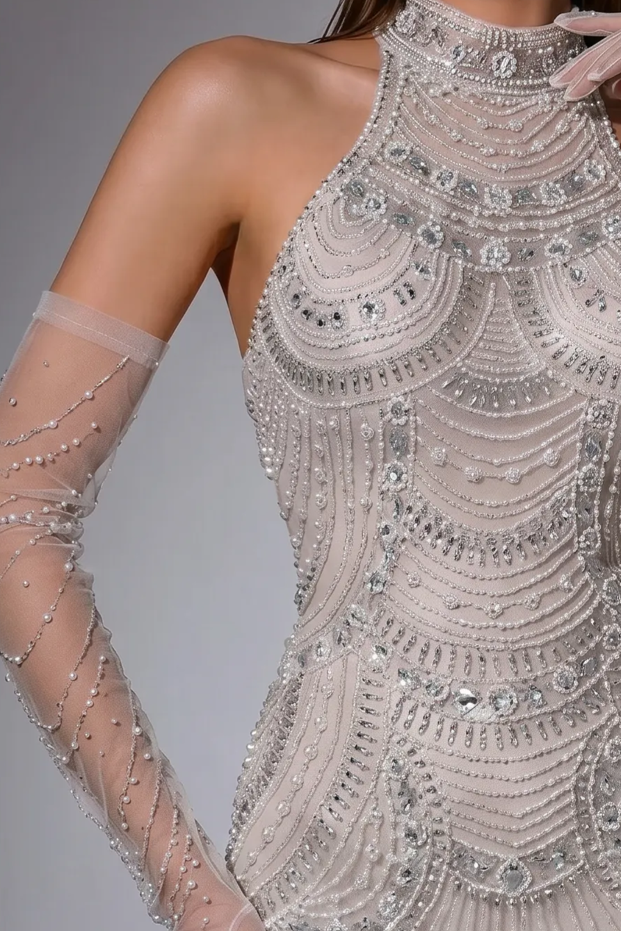 Nude Pretty Sequin Dress and Beaded Halter Dress - Elegant Sequin High Neck Evening Gown Plus Size