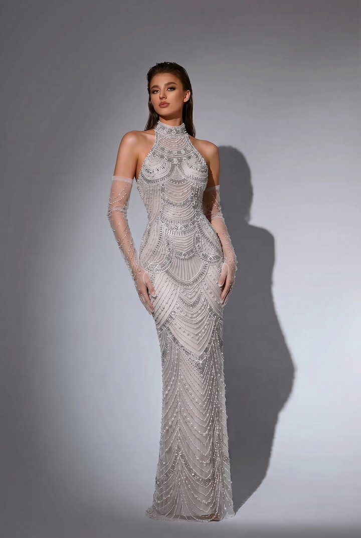 Nude Pretty Sequin Dress and Beaded Halter Dress - Elegant Sequin High Neck Evening Gown Plus Size