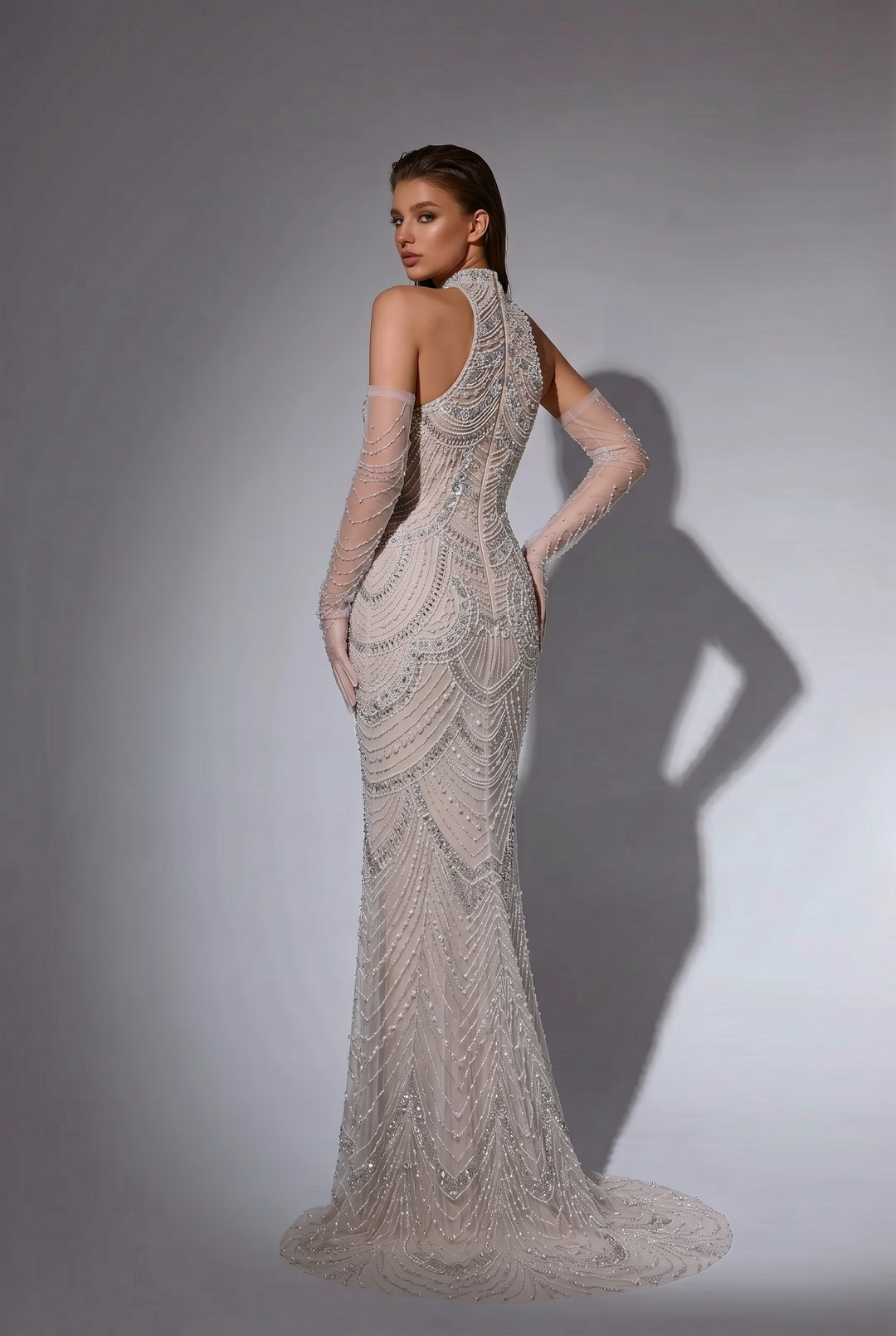 Nude Pretty Sequin Dress and Beaded Halter Dress - Elegant Sequin High Neck Evening Gown Plus Size