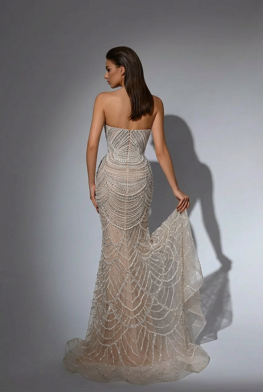 Nude Sequin Embellished Gown - Mermaid Evening Dress with Plunging Neckline – Designer Sequin Gown Plus Size