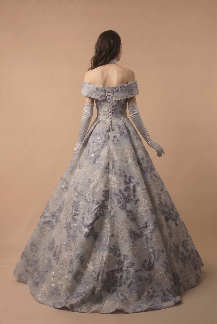 Off-Shoulder Embroidered Taffeta Ball Gown with Grey and Purple Floral Design and Pearl Accents