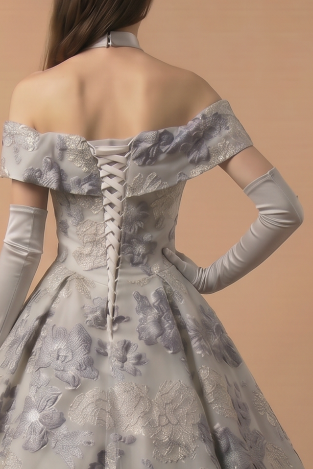 Off-Shoulder Embroidered Taffeta Ball Gown with Grey and Purple Floral Design and Pearl Accents
